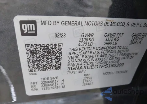 2023 Chevrolet Equinox Awd Lt z USA, uszkodzony, nr VIN 3GNAXUEG7PS180309